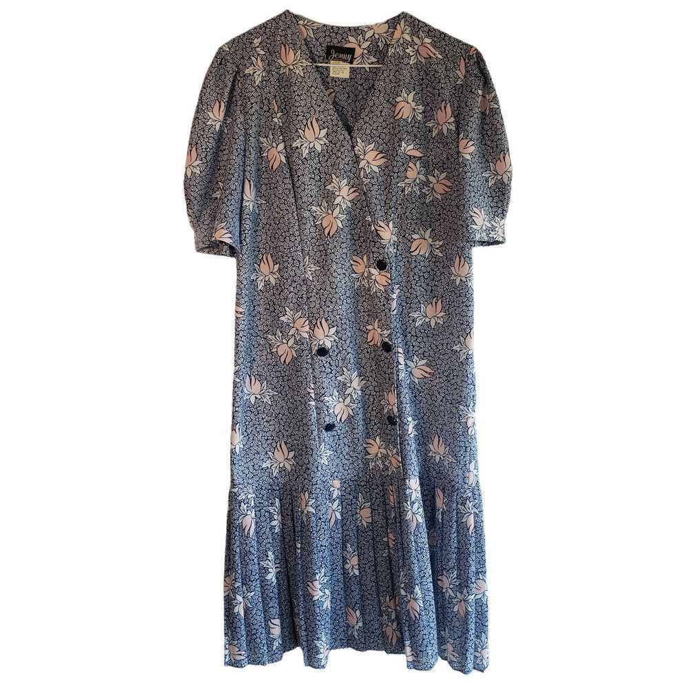 Jenny Vintage Dress Made In U.S.A Floral Geometric Blue Women's Size 12